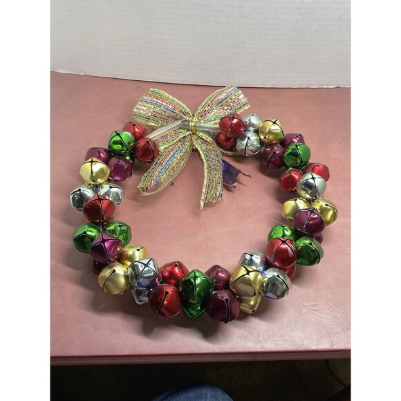 Vintage Christmas Jingle Bells Ribbons 13" Wreath Purple Gold Green Red & Silver - Picture 9 of 16